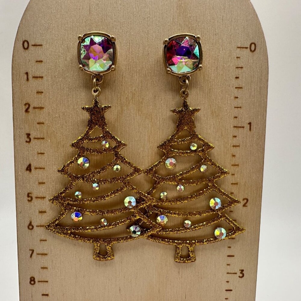 Gold Glitter Color Winter Christmas Xmas Tree Shape Drop Dangle Hook Earrings